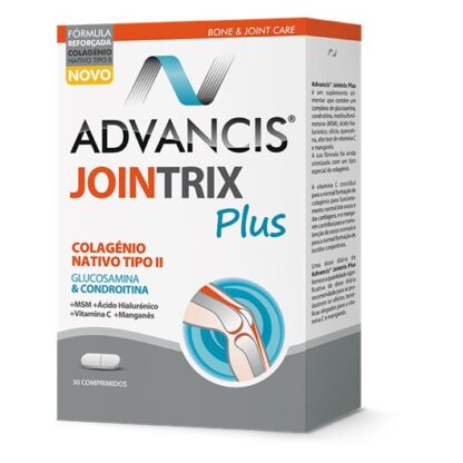 Advancis Jointrix Plus 30 comprimidos, suplemento alimentar. Com a finalidade de regeneração das cartilagens e de aliviar a dor nas articulações. Ainda assim contém a ação anti-inflamatória.