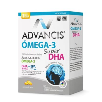 Advancis Omega-3 Super DHA 30 Cápsulas é um suplemento alimentar na forma de mini-cápsulas de óleo de peixe concentrado, com alto teor de ácidos gordos ómega-3 polinsaturados,