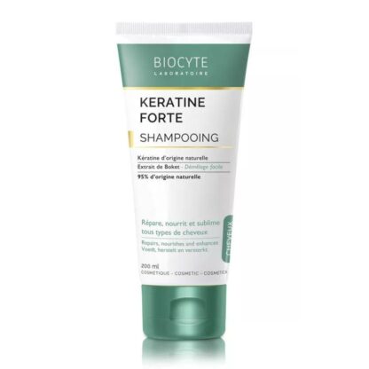 Biocyte Keratine Forte Champô 200 ml, o primeiro shampoo de queratina pura . Aumenta o volume, melhora o brilho, nutre e repara o cabelo.