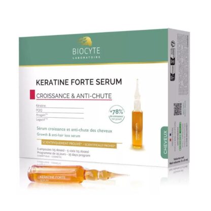 Biocyte Keratine Forte Sérum 5x9ml Ampolas,  ajuda a combater a queda de cabelo enquanto estimula o crescimento do cabelo graças ao ingrediente ativo Anagain TM .