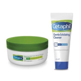 A Cetaphil diponiblixa uma pack com Cetaphil Hidratante Facial de Noite e Cetaphil Exfoliante de Limpeza Suave para um cuidado da sua pele mais duradtou e eficaz.