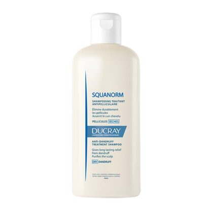Ducray Squanorm Champô Caspa Seca 200ml, elimina de forma duradoura a caspa seca não aderente e purifica o couro cabeludo.