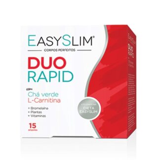 Easyslim Duo Rapid 15 Ampolas é um suplemento alimentar que contém na sua composição ingredientes tais como Chá verde, L-Carnitina, Bromelaína, Bétula, Cerejeira, Groselheira Negr