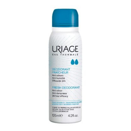Uriage Desodorizante Spray Refrescante 125ml, o primeiro desodorizante hipoalergénico com pedra de alúmen para uma dupla eficácia 24h contra os odores e a humidade.