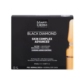 Martiderm Black Diamod Skin Complex Advanced é a versão renovada de Skin Complex+. Trata-se da fórmula mais completa de ampolas rejuvenescedoras para tratar o cronoenvelhecimento e/ou a pele desvitalizada.