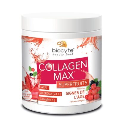 Biocyte Collagen Max SuperFruits 260gr suplemento alimentar à base de Colagénio hidrolisado marinho para combater as rugas e a flacidez da pele,