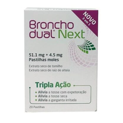 Bronchodual Next 20 Pastilhas medicamento tradicional à base de plantas indicado para o alívio da tosse com expetoração associada à constipação, alívio da tosse seca e alívio da garganta irritada.