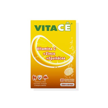 Vitace 20 Comprimidos Efervescentes contém Vitamina C e Zinco, que contribuem para o normal funcionamento do sistema imunitário.