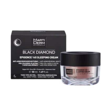 Martiderm Black Diamond Epigence 145 Sleeping Cream, é um creme de noite que favorece a renovação celular noturna. Graças ao seu sistema de libertação seletiva de ativos, aumenta a produção de colagénio, elastina e ácido hialurónico.