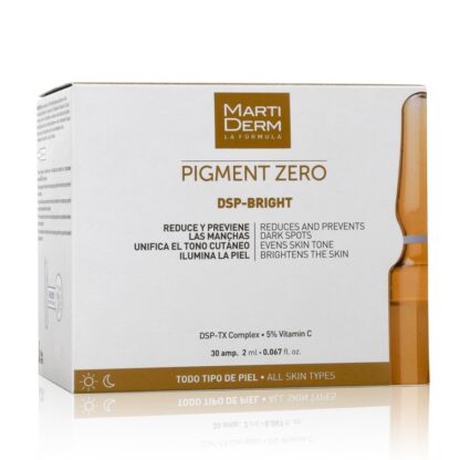 Martiderm Pigment Zero Dsp Bright 30 Ampolas, com o propósito de reduzir e prevenir o aparecimento de manchas.