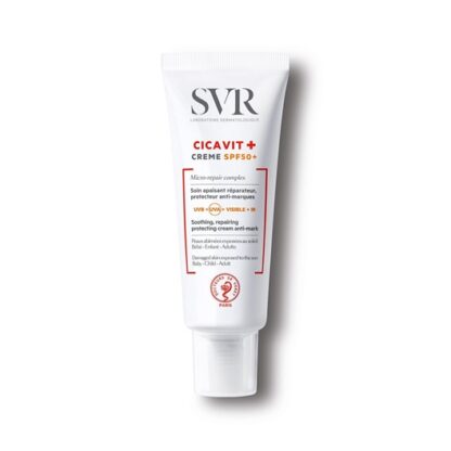 SVR Cicavit+ Creme Spf50+ 40 ml, com proteção muito elevada SPF50+, para um verão sem marcas!. CICAVIT+ Creme SPF50+ suaviza e acelera a reparação da pele fragilizada, enquanto a protege de todos os tipos de raios