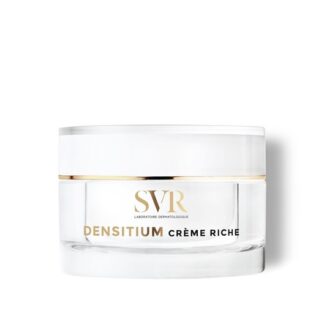 SVR Densitium Creme Rico 50 ml, com a finalidade de reforçar e redensificar a pele. Além disso reduz as marcas da idade, assim como nutre intensamente a pele seca a muito seca.