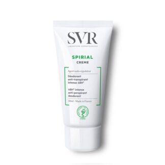 SVR Spirial Creme Desodorizante 50 ml, com a finalidade de anti transpirante que se pode aplicar nas mãos, pés e testa. Contudo a textura não cola e deixa a pela suave.