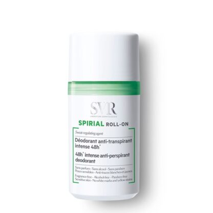 SVR Spirial Roll-On Desodorizante 50 ml, com a finalidade de regular a transpiração 48h. Além disso absorve a humidade e luta contra o mau odor.