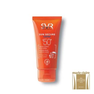 SVR Sun Secure Creme SPF50+ 50 ml, com a finalidade de elevada proteção solar. Além disso funde-se na pele e penetra rapidamente. Contudo perfeitamente adaptado à pele do rosto hipersensível ao sol de toda a família.