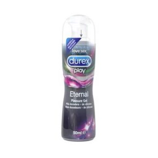Durex Lubrificante Play Eternal 50 ml, base de silicone. De tal forma que não seca facilmente e dura 3x mais na pele que os lubrificante à base de água.