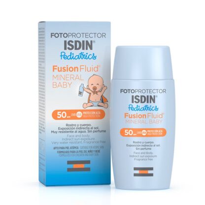 Isdin FotoProtetor Fusion Fluid Mineral Baby SPF 50+ 50 ml, foto protetor 100% mineral formulado especificamente para a pele do bebé.