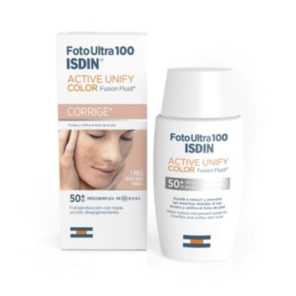 Isdin FotoUltra 100 Active Unify Color FPS 50+ 50 ml, com a finalidade de aclarar e uniformizar o tom da pele. Ainda assim ajuda a reduzir e a prevenir as alterações de pigmentação devidas ao sol.