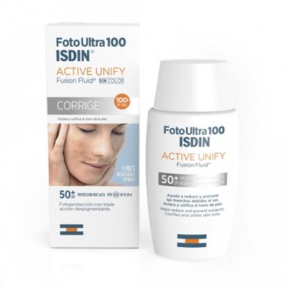Isdin FotoUltra 100 Active Unify Sem Cor FPS 50+ 50ml, com a finalidade de aclarar e uniformizar o tom da pele. Ainda assim ajuda a reduzir e a prevenir as alterações de pigmentação devidas ao sol.