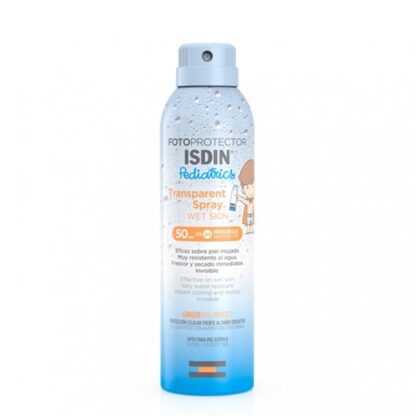 Isdin Fotoprotetor Pediatrics Transparente Spray Wet Skin SPF50 250 ml fotoproteção invisível e ligeira, eficaz em pele molhada. Fotoprotetor corporal em spray transparente, fresco e de absorção imediata, especialmente formulado para a pele das crianças. A partir dos 3 anos.