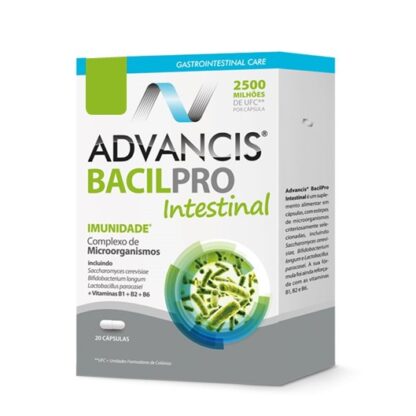 Advancis Bacilpro Intestinal 20 Cápsulas, suplemento alimentar. Com a finalidade de regular o trânsito intestinal, reduzir a incidência / duração de episódios de diarreia e reforçar o sistema imunitário.