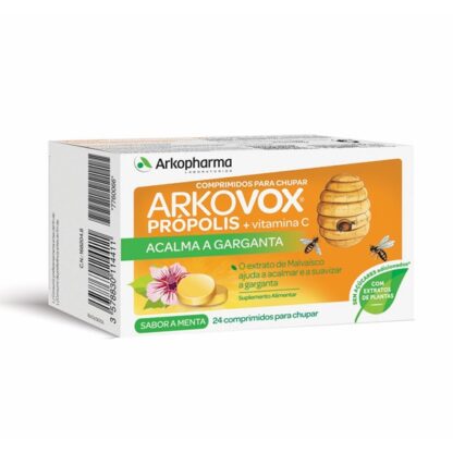 Arkovox Própolis e Vitamina C 24 Comprimidos - Sabor Menta, Suplemento alimentar à base de extrato de Malvaísco, Papaína, extrato de Própolis e Vitamina C.