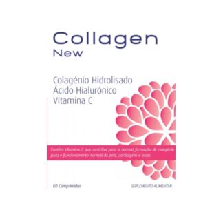 Collagen New Suplemento Alimentar 60 Comprimidos, com a finalidade de prevenir o envelhecimento e melhorar a saúde da pele e das articulações.