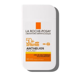 La Roche Posay Anthelios Pocket SPF50+ S/Perfume 30ml, com a finalidade de permitir um largo espectro de proteção solar contra os UVA e UVB para o rosto infantil.