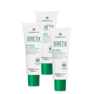 Biretix Pack Tri-Active Gel Anti-Imperfeições 3x50ml , hidrogel fresco com uma textura sedosa e ação queratolítica, purificante e seboreguladora, para o cuidado da pele com acne moderada e na acne da mulher adulta
