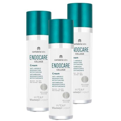 Endocare Pack Cellage Creme Anti-Envelhecimento 3x50ml, creme com uma textura rica e nutritiva, especificamente desenvolvido para a hidratação profunda e conforto da pele normal a seca.