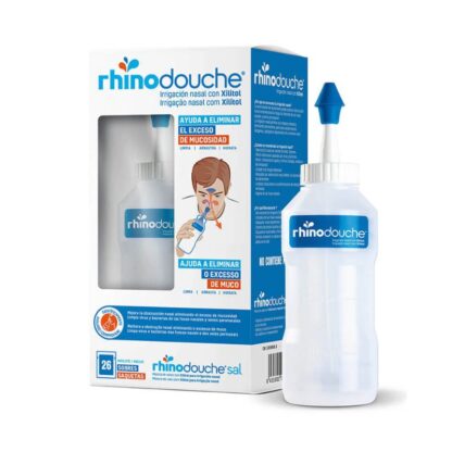 RhinoDouche Irrigador Nasal Adulto + 26 Saquetas, irrigador nasal para limpeza de alto volume, permitindo a remoção do excesso de muco, secreções, partículas contaminantes, alergénios e agentes patogénicos depositados na mucosa nasal.