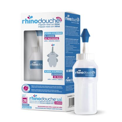 RhinoDouche Junior Irrigação Nasal + 26 Saquetas, irrigador nasal para limpeza de alto volume, permitindo a remoção do excesso de muco, secreções, partículas contaminantes, alergénios e agentes patogénicos depositados na mucosa nasal.