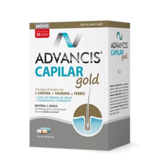 Advancis Capilar Gold 30+30 Cápsulas é um suplemento alimentar composto por duas cápsulas, com uma fórmula reforçada para o cuidado intensivo do seu cabelo.