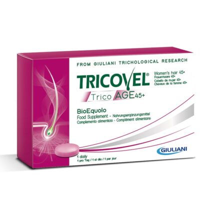 Tricovel TricoAGE 45+ BioEquolo 30 Comprimidos, fornece os nutrientes selecionados para combater o envelhecimento capilar nas mulheres que sofram de cabelos fracos, secos e opacos.
