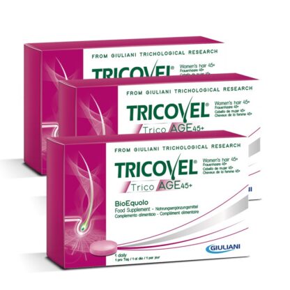 Tricovel TricoAGE 45+ BioEquolo 3x30 Comprimidos, fornece os nutrientes selecionados para combater o envelhecimento capilar nas mulheres que sofram de cabelos fracos, secos e opacos.