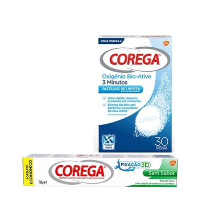 Corega Pack Creme Fixador e Oxigénio Bio-Ativo Pastilhas Limpeza