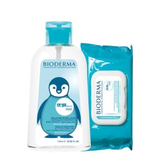 Bioderma ABCDerm H2O Água Micelar1L+Toalhetes 60 unidades, pack composto pela água micelar e toalhetes dermatológicos compatíveis com a pele sensível do bebé e da criança.
