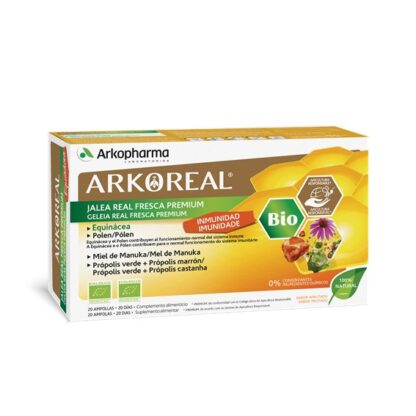 Arkoreal Geleia Real Imunidade BIO 20 Ampolas, é um suplemento alimentar à base de Geleia Real, Equinácea, Própolis, Mel e Pólen.