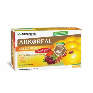 Arkoreal Royal Fruits 20 Ampolas, suplemento alimentar à base de Geleia Real, Baobab, Goji e Romã. contém açúcares e edulcorantes (stevia). Sem ingredientes químicos.