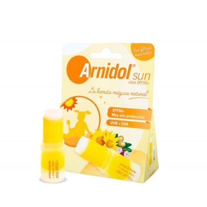 Arnidol Sun Stick SPF50+ 15gr, combina as flores de arnica e a manteiga de Karité, com filtros solares minerais com efeito barreira inmediato e não passíveis de absorção através da pele