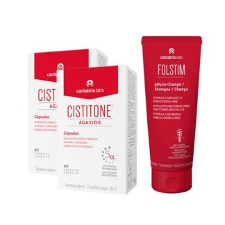 Cistitone Agaxidil 2x60 Cápsulas - Oferta Folstim Physio 200ml, suplemento alimentar formulado para homens e mulheres como complemento de tratamentos de queda do cabelo de origem androgenética (hormonal).