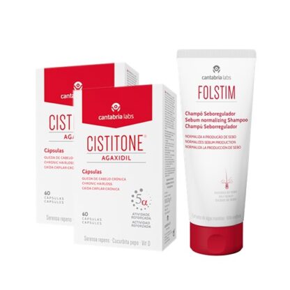 Cistitone Agaxidil 2x60 Cápsulas - Oferta Folstim Seboregulador 200ml, suplemento alimentar formulado para homens e mulheres como complemento de tratamentos de queda do cabelo de origem androgenética (hormonal).