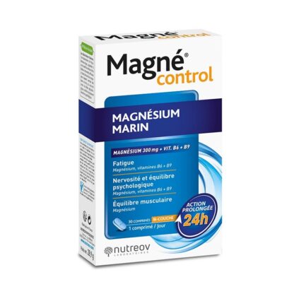 Magné Control fornece 300 mg de magnésio e 100% do valor de referência em vitaminas B6 e B9.