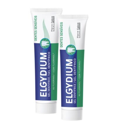 Elgydium Gel Dentes Sensíveis 2x75ml, dentífrico pouco abrasivo utilizado na escovarem diária dos dentes, fornecendo flúor ao dente 1250ppm de flúor, e preservando a superfície particularmente frágil dos dentes sensíveis.