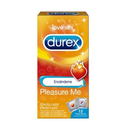 Durex Love Sex Pleasure Me 12 Preservativos com pontos, estrias e lubrificante especial para uma sensação de calor.