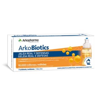 Arkobiotics Geleia Real Defesas Adultos é um suplemento alimentar à base de geleia real liofilizada, fermentos lácteos vivos e vitamina D.