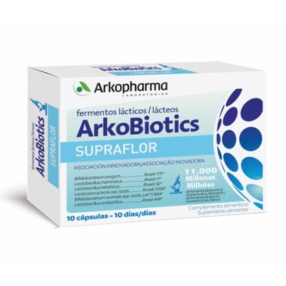 Arkobiotics Supraflor 10 Cápsulas, suplemento alimentar à base de 6 fermentos lácteos, inserido numa categoria de saúde natural, este é um suplemento natural que ajuda na digestão.