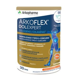 Arkoflex Colagénio Expert 390gr, pó à base de Colagénio hidrolisado e nativo tipo II, Ácido hialurónico, Magnésio, Manganês, Curcuma e Vitamina C, B1, B2, B6, B12 e D. Contém edulcorantes.