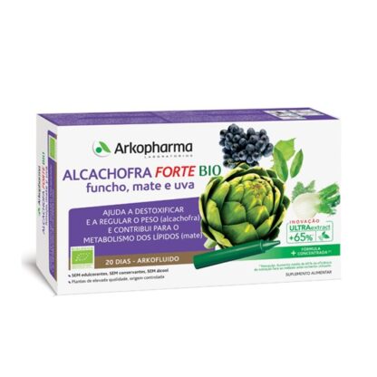 Arkofluido Alcachofra Forte 20 Ampolas, Ajuda a desintoxicar, a perder peso (Alcachofra) e no metabolismo dos lípidos (Mate). A alcachofra contribui para a perda de peso, para o normal funcionamento do fígado e para a eliminação de toxinas