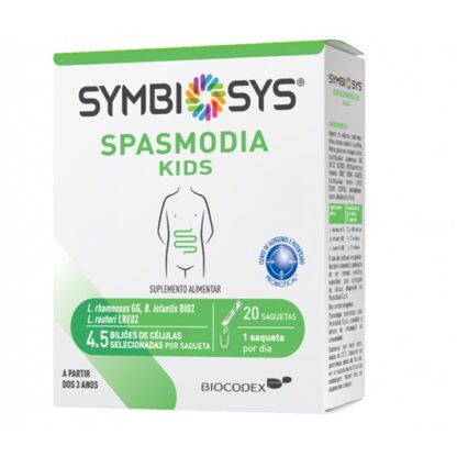 Symbiosys Spasmodia kids 20 Saquetas é um suplemento alimentar e probiótico para crianças a partir dos 3 anos. Contém as estirpes específicas bacterianas Bifidobacterium infantis BI02, Lactobacillus rhamnosus GG e Lactobacillus reuteri LRE02,